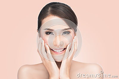 Beautiful Asian woman cares for the skin face, Beautiful Spa Woman Touching her Face Stock Photo