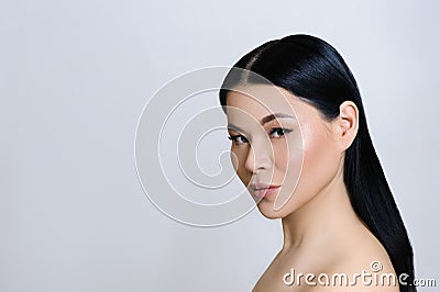 Beautiful asian woman face with clean fresh skin, nude makeup, cosmetology, healthcare, beauty and spa Stock Photo