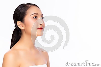 Beautiful asian woman has beauty facial skin look at copy space Portrait attractive young asia girl Beauty female has nice facial Stock Photo
