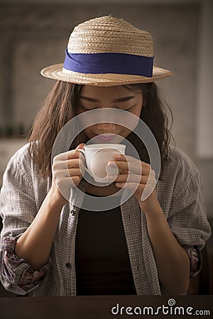 Beautiful asian woman and hot coffee cup happiness smiling face Stock Photo