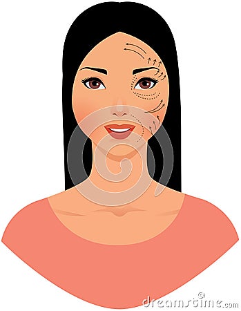 Beautiful asian woman with marks drawn on her face for plastic c Vector Illustration