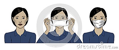 A beautiful Asian woman wears a protective medical mask to prevent the virus Vector Illustration