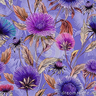 Beautiful aster flowers in different bright colors with brown leaves on lilac background. Seamless floral pattern. Cartoon Illustration