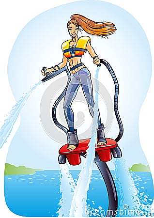 Beautiful athletic girl flying over the water on flyboard engaged in extreme sport rises to the water jet Vector Illustration