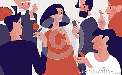 Beautiful attractive woman surrounded by old and young admirers or suitors giving her gifts, flowers, proposing marriage Vector Illustration