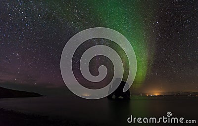 Beautiful aurora borealis at hvitserkur, Iceland Stock Photo