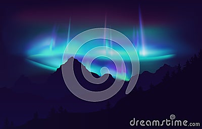 Beautiful Aurora Borealis northern lights in night sky over mountain. Vector illustration. Vector Illustration