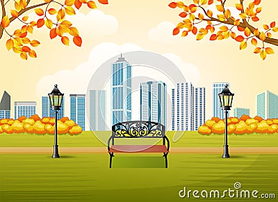 Beautiful autumn city park with town building background Vector Illustration