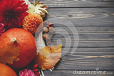 Beautiful autumn flat lay with space for text. Pumpkins, autumn flowers, berries, leaves and walnuts composition on blanket on Stock Photo