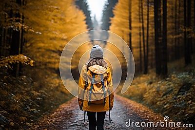 Beautiful autumn forest hiking trail active hiker woman walking in idyllic fall nature background Stock Photo