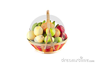 Beautiful autumn harvest variety fruit in wicker basket on white background fruit health food isolated Stock Photo