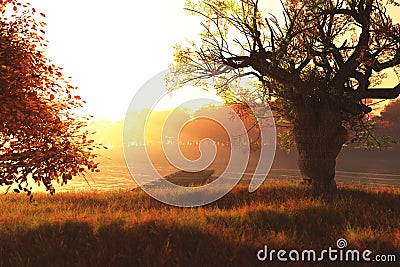 Beautiful Autumn Lake Nature Scene 3D render 1 Stock Photo