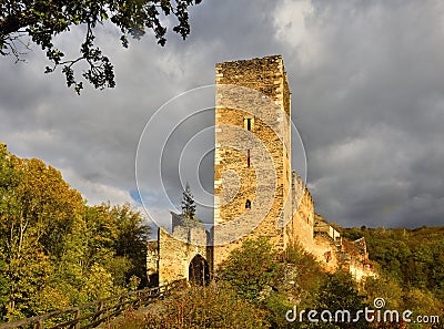 Beautiful autumn landscape in Austria with a nice old ruin of Kaja Castle. National Park Thaya Valley, Lower Austria. Stock Photo