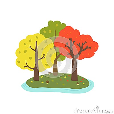 Beautiful autumn landscape. Set of trees isolated on white background. Forest on the island. Hand-drawn style. Vector Vector Illustration