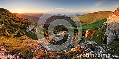 Beautiful autumn morning above green forest valley in national p Stock Photo