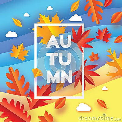 Beautiful Autumn in paper cut style. Origami leaves. Hello Autumn. September. October. Rectangle frame for text. Origami Vector Illustration