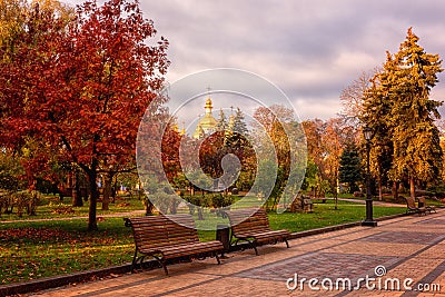 Beautiful autumn park Volodymyrska Hirka or Saint Volodymyr Hill at sunrise, Kyiv Kiev, Ukraine Stock Photo