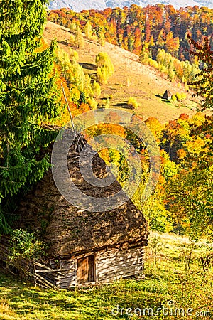 Beautiful autumn scenery with traditional straw roof house in Apuseni mountains, Transylvania Stock Photo