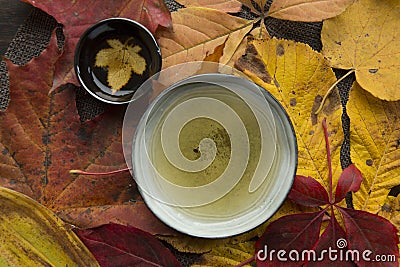 Autumn tea time still life top view closup Stock Photo