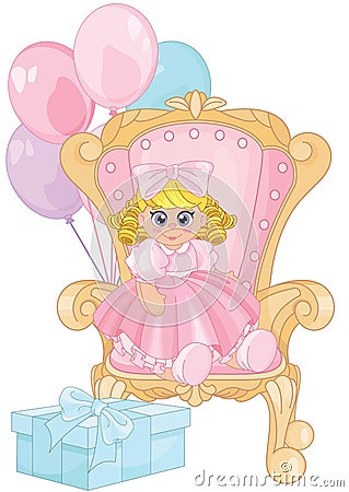 Beautiful baby doll Sitting On A Throne Vector Illustration