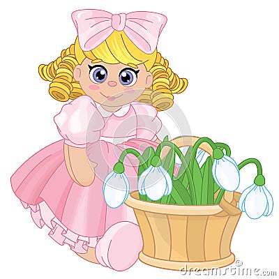 Beautiful baby doll with beautiful spring flowers Vector Illustration