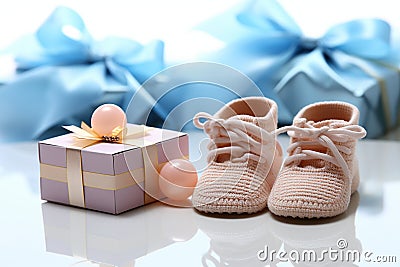 Beautiful baby gifts tiny bootees, blank postcard, and a pacifier on white Stock Photo