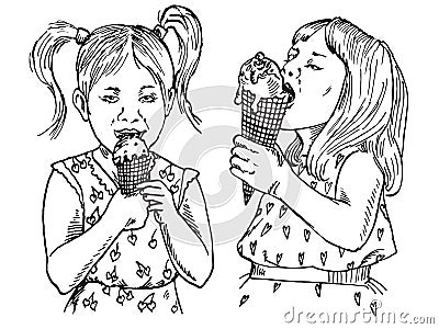 Beautiful baby girls eating ice creams in a waffle cups Vector Illustration