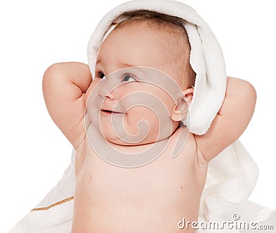 Beautiful baby is hiding under the white blanket Stock Photo