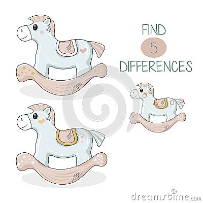 Beautiful baby horse. Logic puzzle game for children. Need to find 5 differences. Vector cartoon illustration isolated Vector Illustration