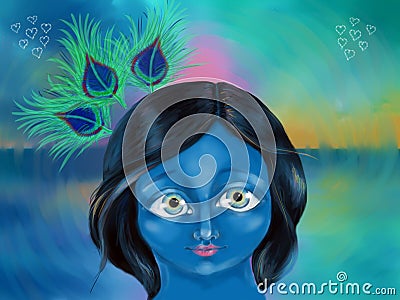 Beautiful Baby Krishna with peacock feather in his hair, with big eyes, against the sea Stock Photo