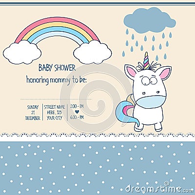 Beautiful baby shower card template with lovely baby unicorn Vector Illustration