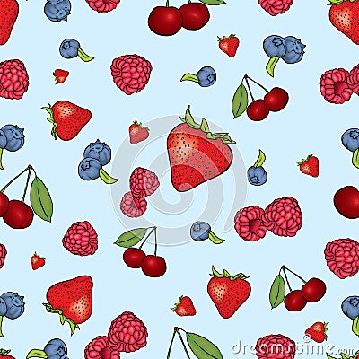 Beautiful background of berries. Raspberries, strawberries, blueberries and cherries. Vector illustration. Summer fruits. Vector Illustration