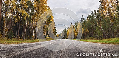 Beautiful background of the curve country asphalt highway in autumnal natural park. Stock Photo