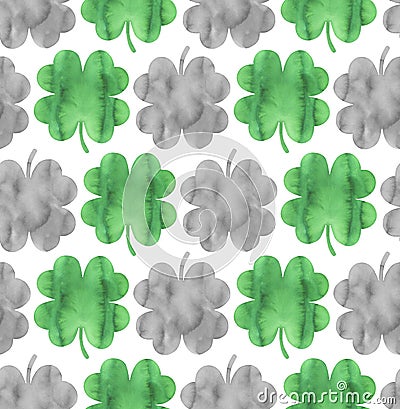 Seamless repeatable pattern with greean and gray lucky four leaf clover shapes. Stock Photo