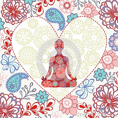 Beautiful background with lotus position yoga in heart shape Vector Illustration