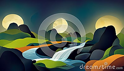 Beautiful background with natural landscapes and a river at night with a full moon Stock Photo