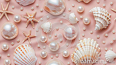 beautiful background of pearls and shells, light pink and beige aesthetic, flat lay, Stock Photo