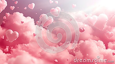 Beautiful background with pink clouds and hearts. Stock Photo