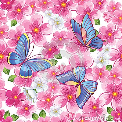 Beautiful background with pink flowers and butterfly with colored wings. Seamless illustration. Spring blossoming garden. Vector. Vector Illustration