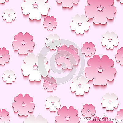 Beautiful background seamless pattern, 3d sakura blossom Vector Illustration