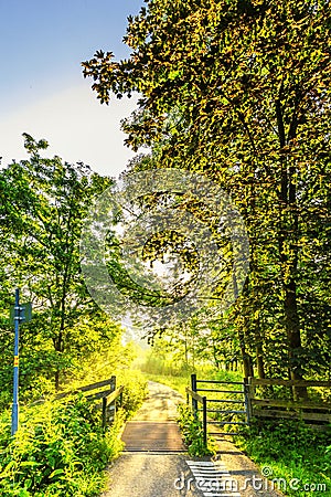 Beautiful backlight spring landscape picture with warm colours of sunrise in the nature park Heempark Stock Photo