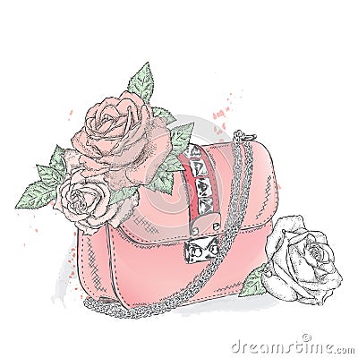 Beautiful bag with a bouquet of flowers. Ladies clutch. Vector Illustration