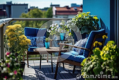 Beautiful balcony with comfortable chairs, wooden table and many potted flowers plants. Generative AI Stock Photo