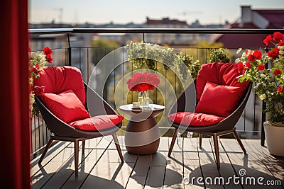 Beautiful balcony with comfortable chairs, wooden table and many potted flowers plants. Generative AI Stock Photo