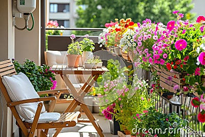 Beautiful balcony with comfortable chairs, wooden table and many potted flowers plants. Generative AI Stock Photo