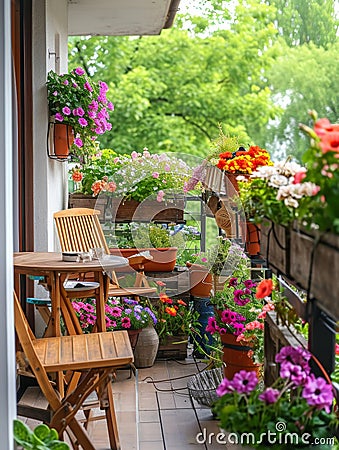 Beautiful balcony with comfortable chairs, wooden table and many potted flowers plants. Generative AI Stock Photo