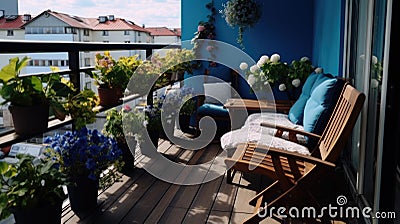 Beautiful balcony with comfortable chairs, wooden table and many potted flowers plants. Generative AI Stock Photo