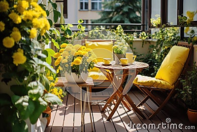 Beautiful balcony with comfortable chairs, wooden table and many potted flowers plants. Generative AI Stock Photo