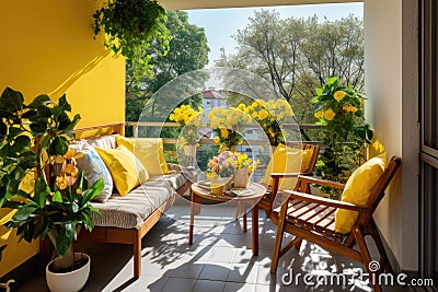 Beautiful balcony with comfortable chairs, wooden table and many potted flowers plants. Generative AI Stock Photo