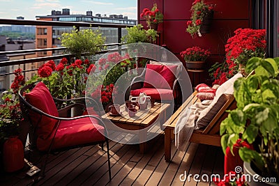 Beautiful balcony with comfortable chairs, wooden table and many potted flowers plants. Generative AI Stock Photo